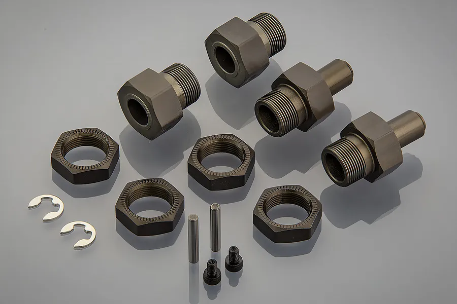 A set of gun metal coloured aluminium RC wheel hubs, locking nuts, pins, and small screws arranged on a grey reflective surface.