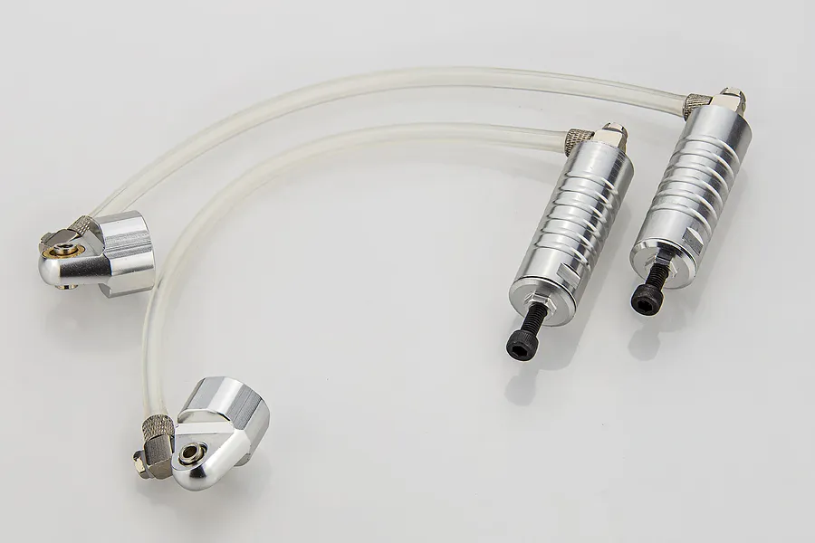 Two silver aluminium RC shock reservoir sets with clear tubing on a white background.