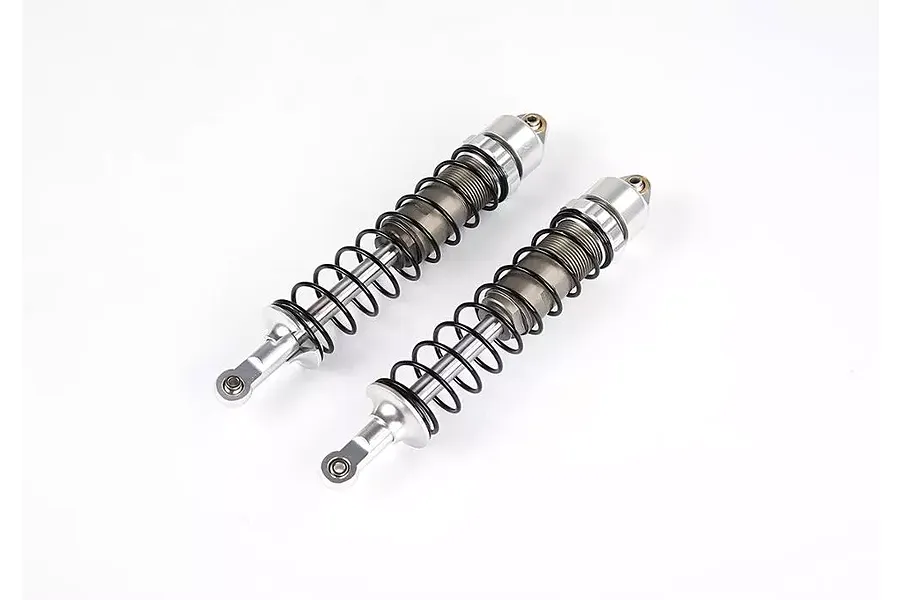 Two silver aluminium RC front shock absorbers with black springs on a white background.