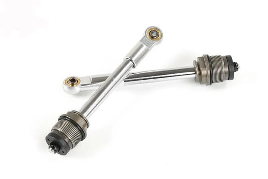 Two silver Rovan RC shock shafts with attached rod ends arranged in an X shape on a white background.