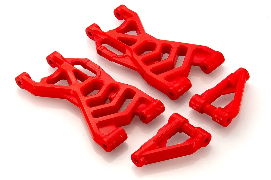 A set of four bright red RC car suspension arms, including two large wishbone arms and two smaller triangular arms, arranged on a white background.