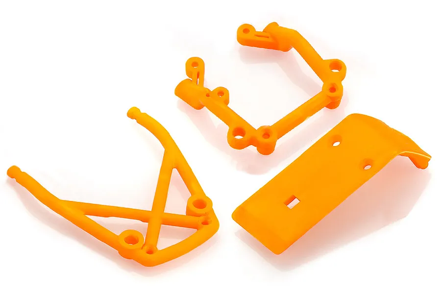 Three bright orange plastic RC car bumper components arranged on a white background.