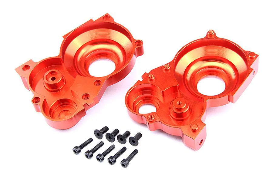 Two orange anodized aluminium differential case halves and eight black hex head screws on a white background.