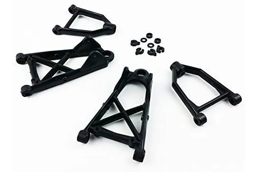 A set of black Rovan front suspension arms and small plastic hardware components arranged on a white background.