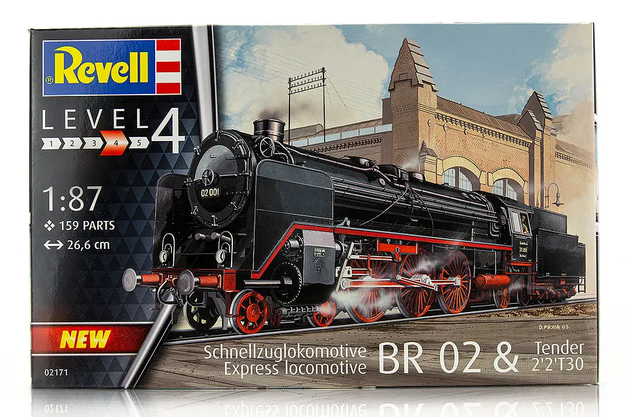 Revell 1/87 scale plastic model kit box for an Express Train Locomotive BR 02 &amp; Tender 2'2'T30, featuring artwork of a black steam locomotive.