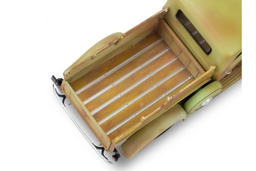 High-angle view of the wooden truck bed and rear section of a 1/25 scale 1937 Ford pickup model kit.