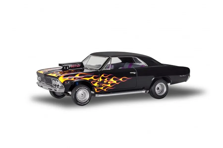 A completed 1/24 scale model of a black 1966 Malibu SS with yellow and orange flame decals, a hood scoop, and side-exit exhaust pipes.