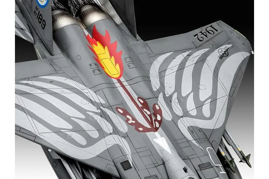 Top-down view of a Revell 1/72 scale F-15E Strike Eagle plastic model aircraft featuring a unique flame and wing decal design on the fuselage and wings.