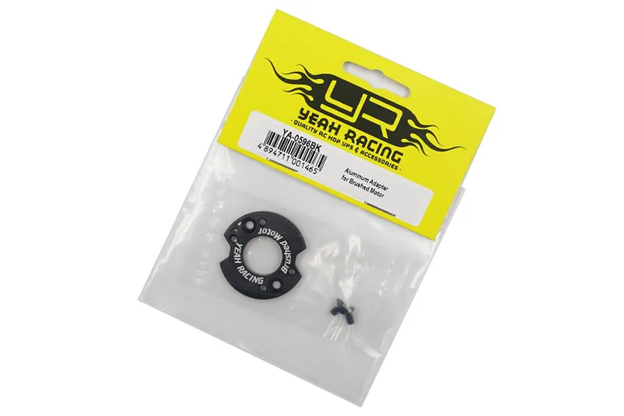 Yeah Racing black aluminium brushed motor adapter in original yellow and clear plastic packaging.