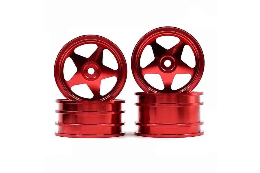 A set of four red anodized aluminium 5-spoke RC car rims stacked against a white background.