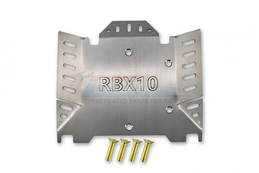 GPM Racing stainless steel hollow chassis protection plate for RC cars with four gold-coloured mounting screws.