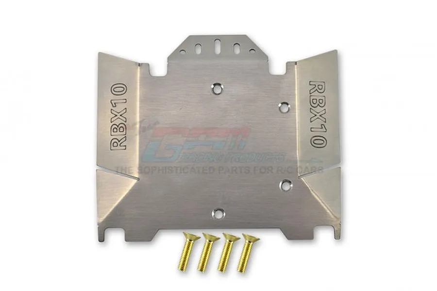 A GPM Racing stainless steel chassis protection plate for the RBX10 RC car, shown with four gold-coloured countersunk screws on a white background.