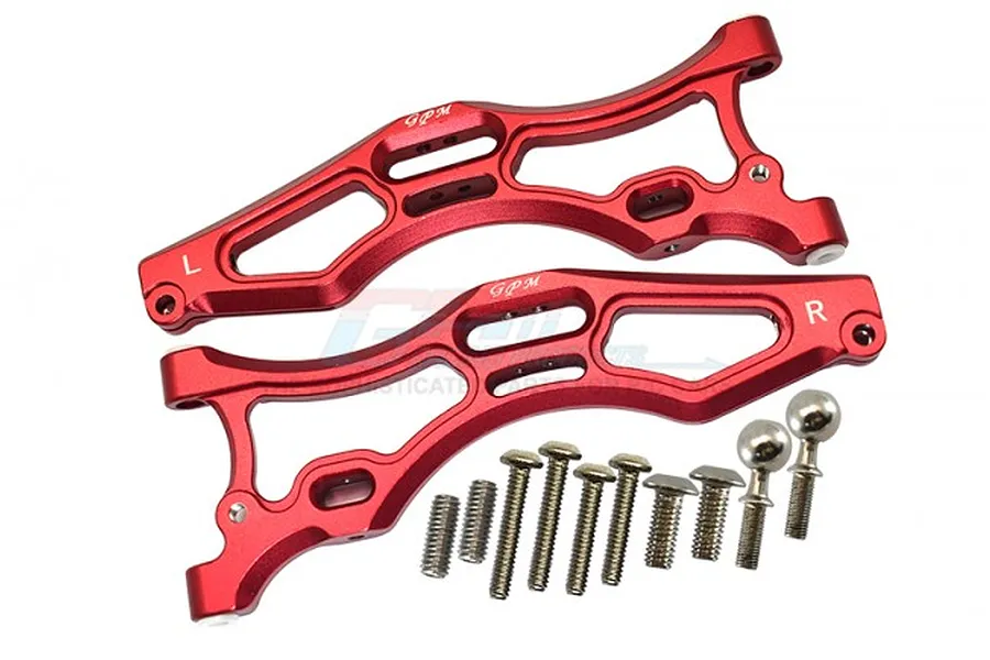 A pair of red anodized aluminium front lower suspension arms for an RC car, including mounting screws and ball studs.