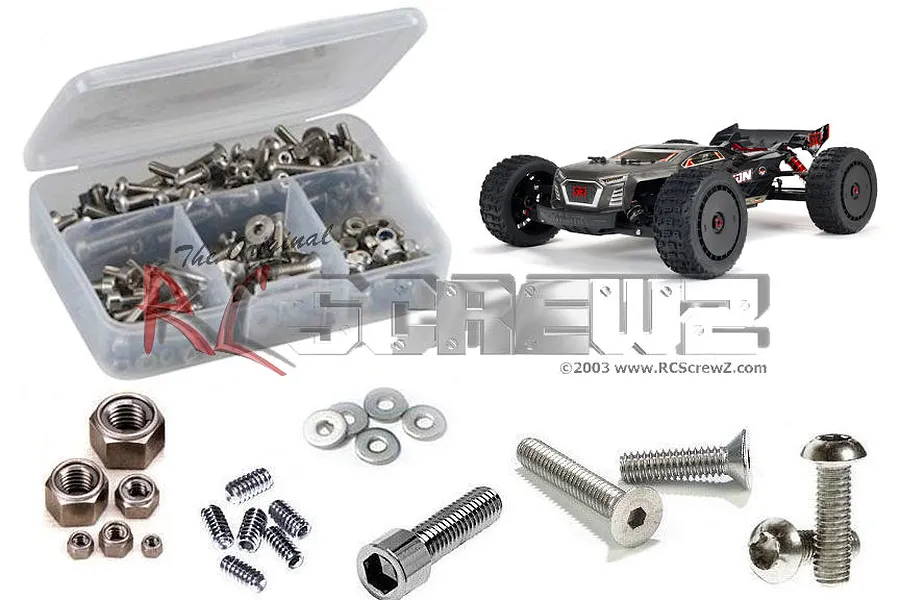 RC Screwz stainless steel screw kit for Arrma Talion 6S BLX, featuring a plastic storage box filled with screws, loose hardware, and an Arrma Talion RC car.