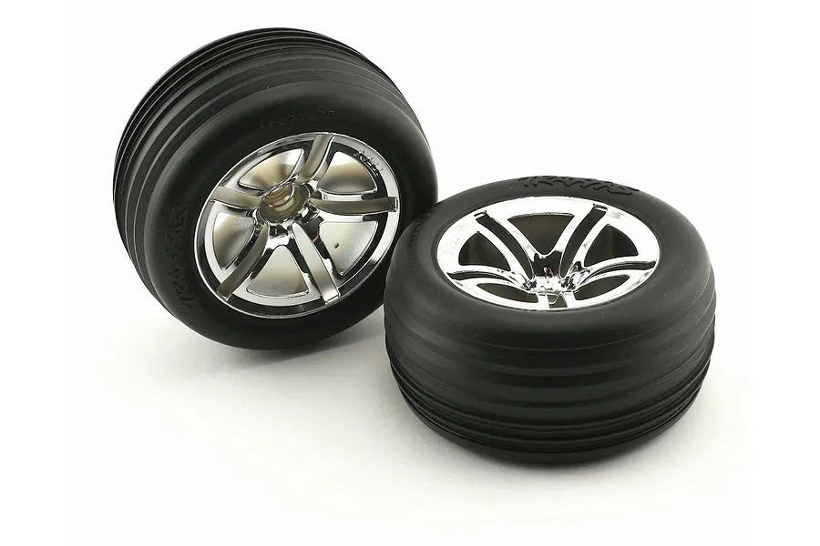 Traxxas 2.8&amp;quot; Front Alias Ribbed Tyres on Chrome Twin-Spoke Rims - Glued Wheels 2Pcs image 67435