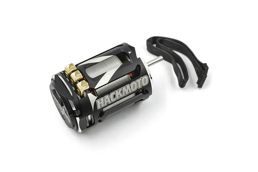 Yeah Racing Hackmoto V sensored brushless motor for RC cars, featuring a black vented casing with silver branding and a sensor cable.