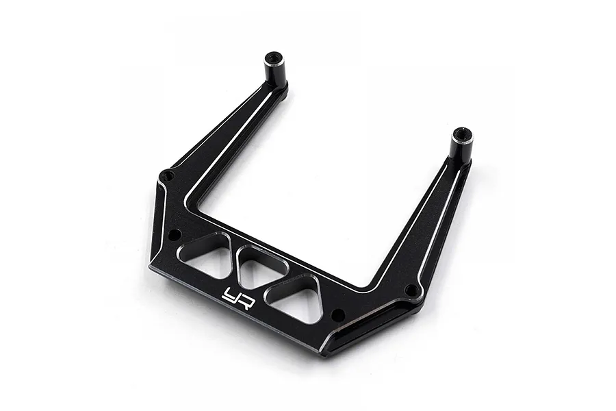 A black aluminium front shock tower for an RC car by Yeah Racing, featuring a U-shaped design with triangular cutouts and the YR logo.
