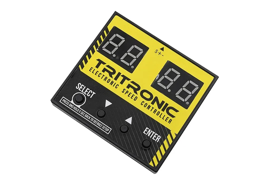 A top-down view of a rectangular Yeah Racing Tritronic electronic speed controller program card with a yellow and black interface.