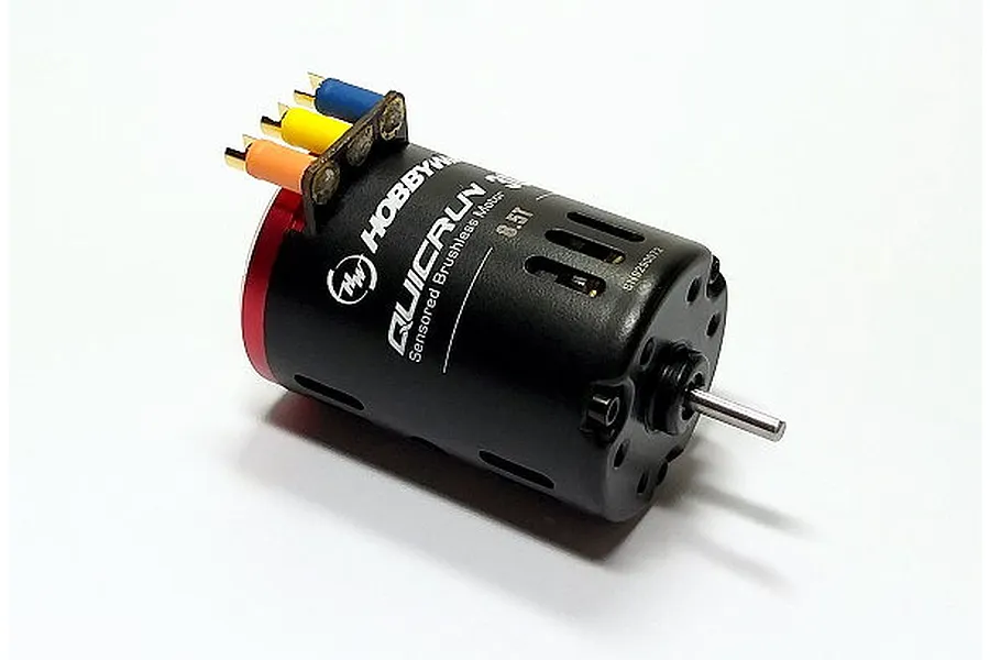 Hobbywing Quicrun 3650 G2 8.5T sensored brushless RC motor in black with red end cap and three colored bullet connectors.