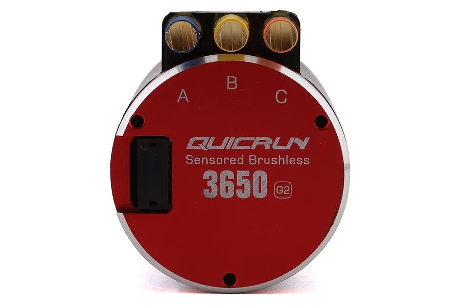 Rear view of a Hobbywing Quicrun 3650 G2 sensored brushless motor showing the red end cap with A, B, and C terminals and a sensor port.