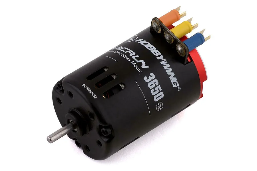Hobbywing Quicrun 3650 G2 brushless motor with black casing, silver shaft, and orange, yellow, and blue wire connectors.