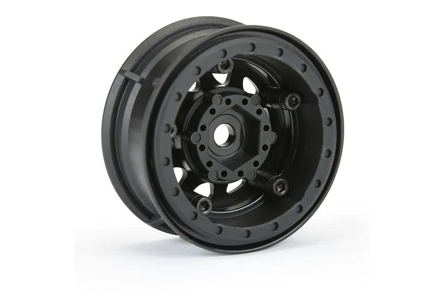A single black Pro-Line 1.55 inch Keystone beadlock rim for RC crawler vehicles, shown from a three-quarter angle against a white background.