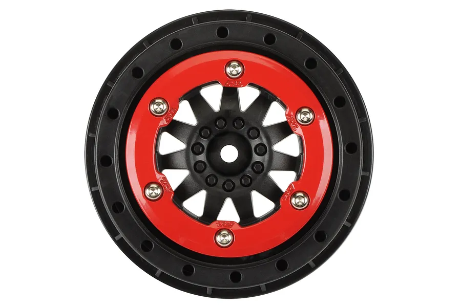 A Pro-Line F-11 short course beadlock rim featuring a black wheel hub and a contrasting red beadlock ring with silver screws.