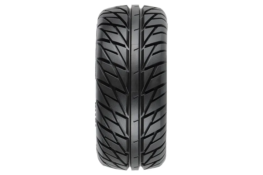 A single black Pro-Line Street Fighter RC short course tyre viewed from the tread side against a white background.