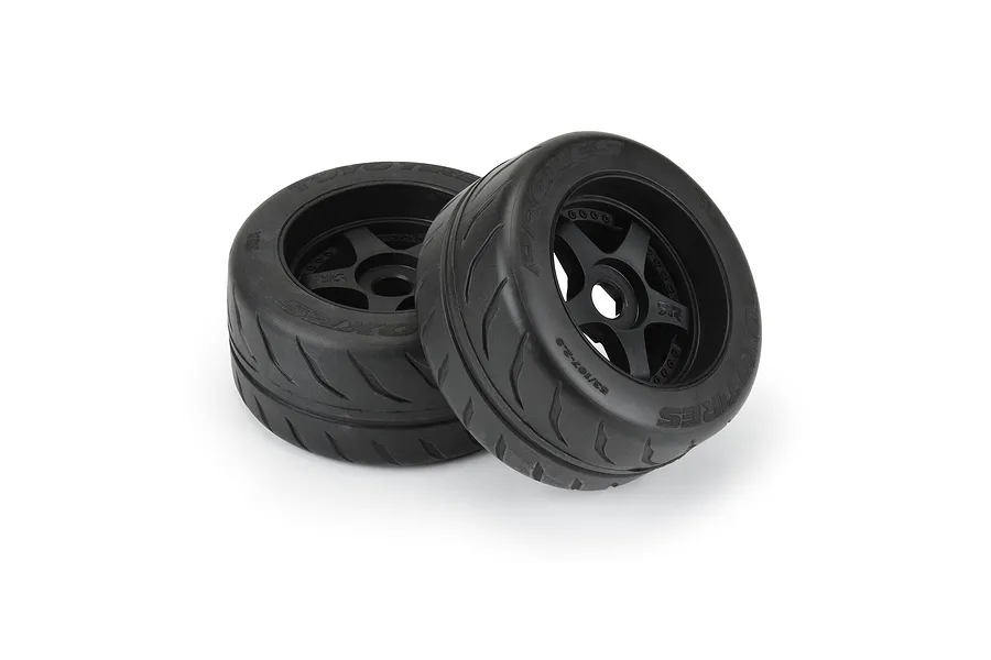 Two Pro-Line 2.9 inch Toyo Proxes R888R belted RC car tyres mounted on black five-spoke wheels, isolated on a white background.