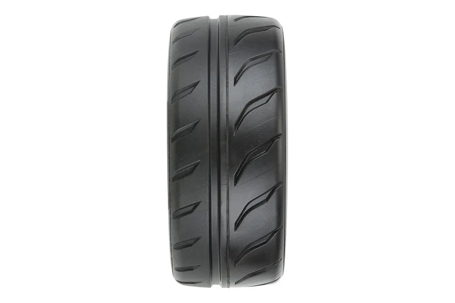 A close-up view of the tread pattern on a Pro-Line Toyo Proxies R888R RC tyre, showing the central groove and angled tread blocks.