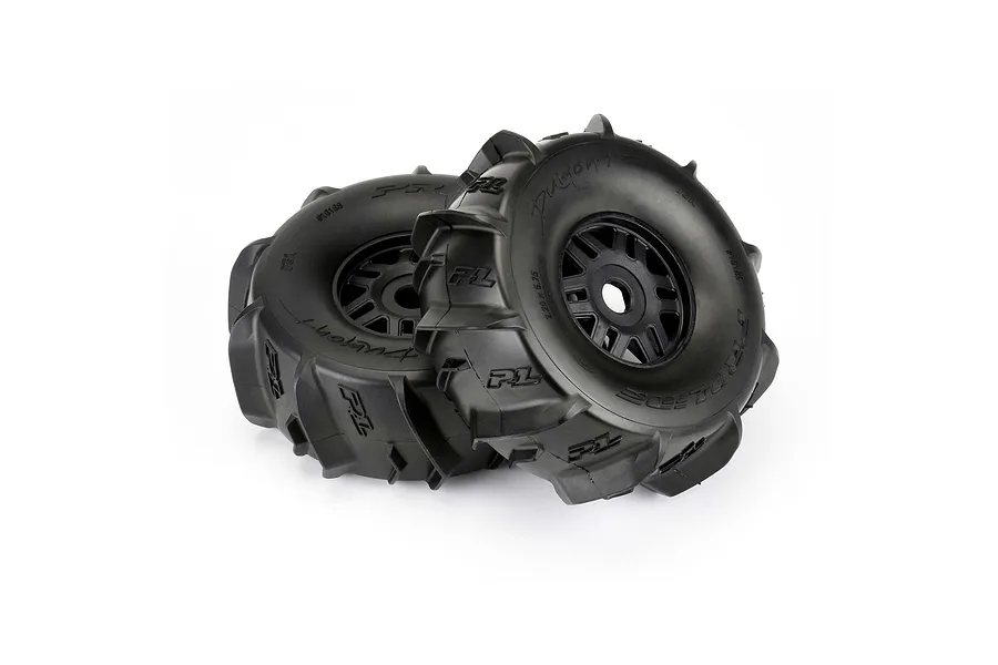 Two Pro-Line Dumont Mojave paddle tyres pre-mounted on black Split Six wheels, viewed from an angle against a white background.