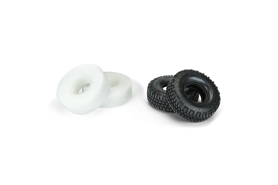 Two black Pro-Line 1.9 inch Interco TrXus M/T rock crawler tires and two white foam tire inserts on a white background.