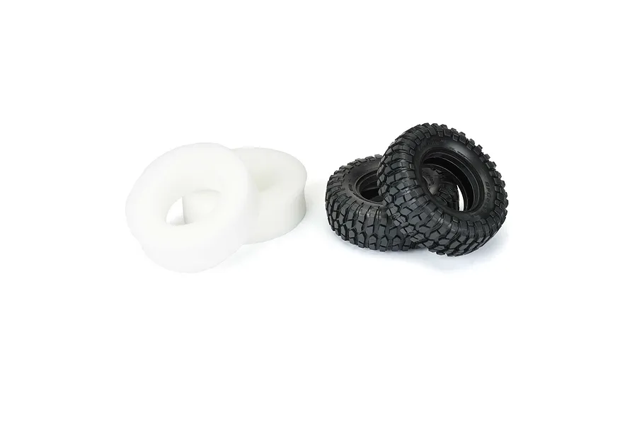 Two black Pro-Line 1.9 inch BFG Krawler T/A KX rock crawler tyres and two white foam inserts on a white background.