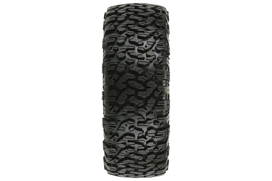 A single black Pro-Line BFG KO2 short course RC tyre viewed from the tread side against a white background.