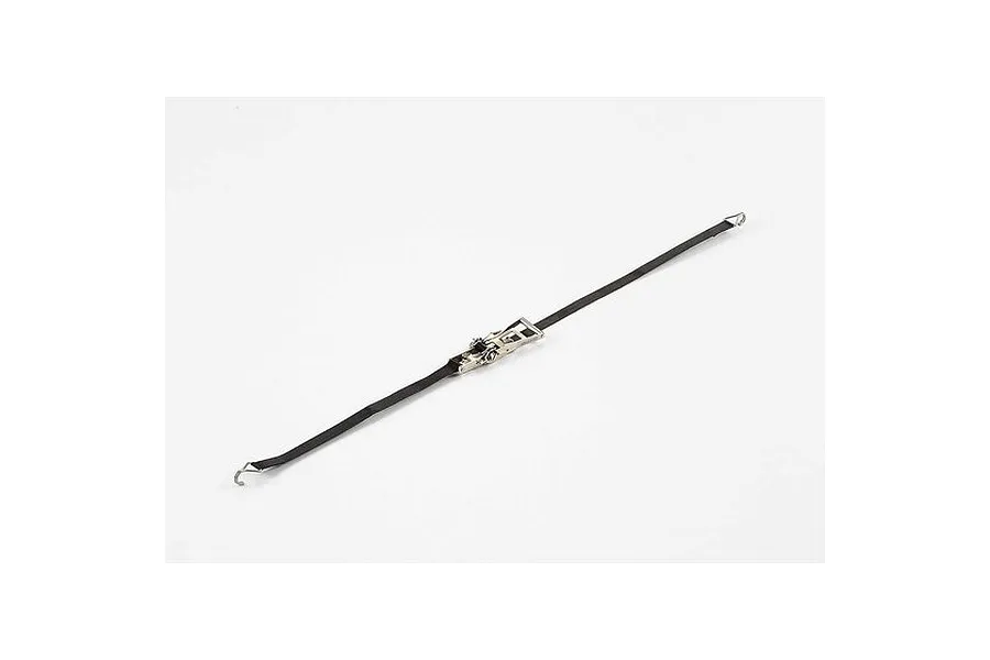 A miniature metal ratchet tie-down strap with black webbing and silver metal hooks, designed for RC scale models.