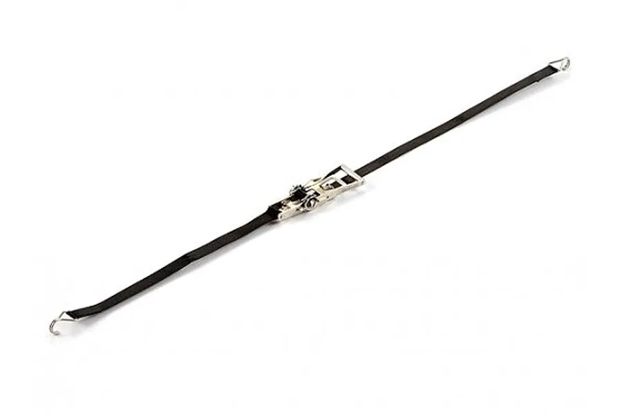 A black RC scale ratchet tie-down strap with a silver metal buckle and hooks at both ends, isolated on a white background.