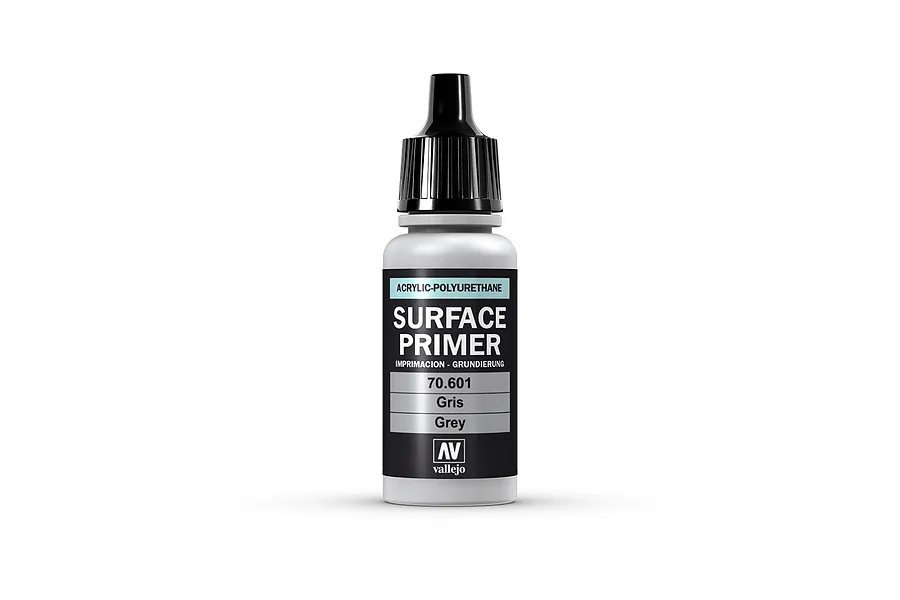 A bottle of Vallejo Surface Primer Grey 17ml with a black dropper cap, shown against a plain white background.