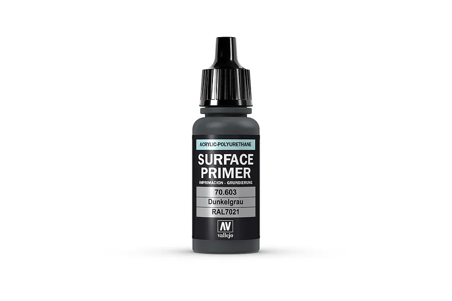 A 17ml bottle of Vallejo Surface Primer in German Panzer Grey, featuring a black dropper cap and a label with product details.
