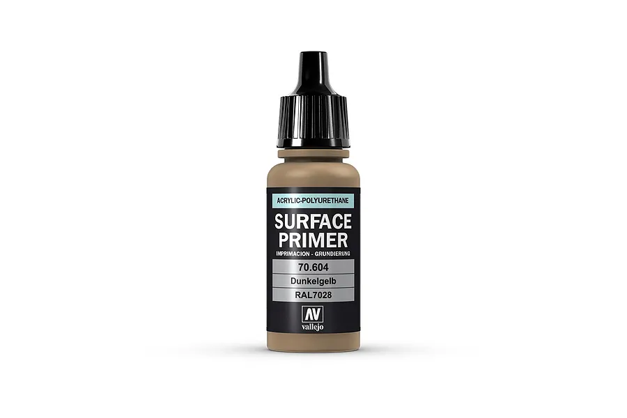 A 17ml bottle of Vallejo Surface Primer in German Dark Yellow (Dunkelgelb) with a black dropper cap against a white background.