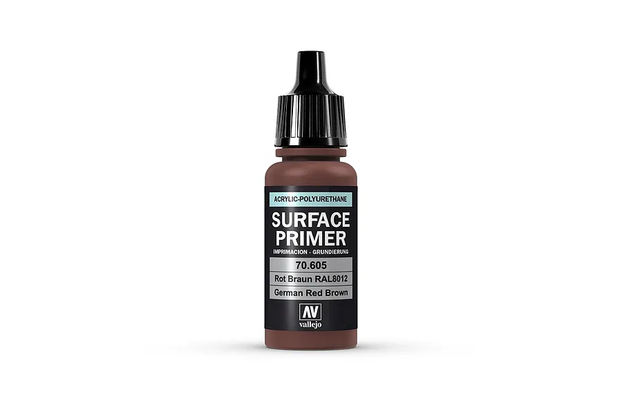 A 17ml bottle of Vallejo Surface Primer in German Red Brown (70.605) with a black dropper cap, centered on a white background.