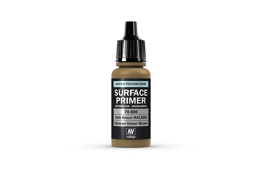 A 17ml bottle of Vallejo Surface Primer in German Green Brown (RAL 8000) with a black dropper cap, centered on a white background.