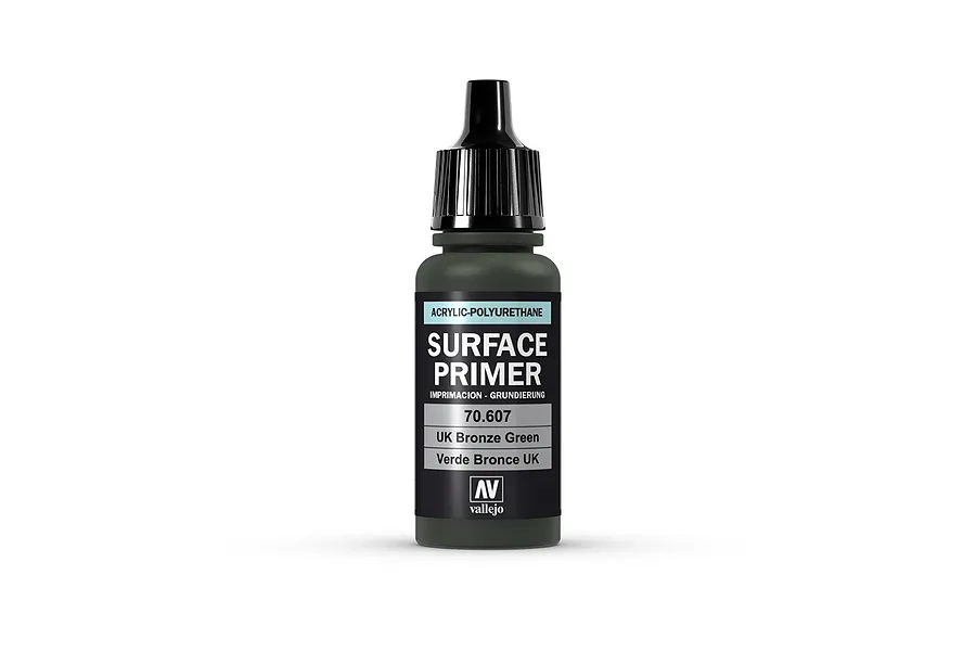 A 17ml bottle of Vallejo Surface Primer in UK Bronze Green, featuring a black dropper cap and a label with product details.