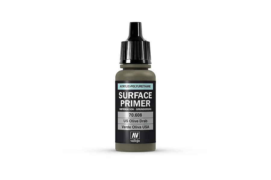 A 17ml bottle of Vallejo Surface Primer in US Olive Drab, featuring a black dropper cap and a label with product details.