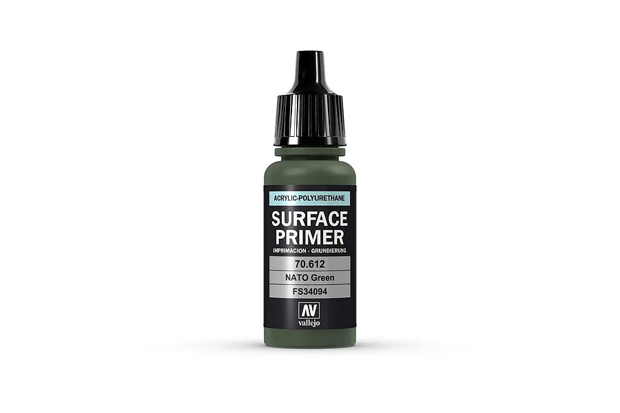 A 17ml bottle of Vallejo Surface Primer in NATO Green, featuring a black dropper cap and a label with product details.