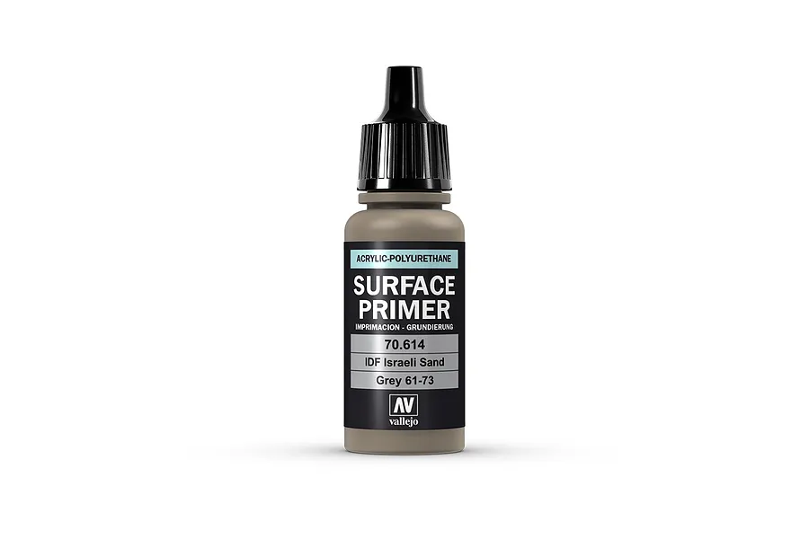 A 17ml bottle of Vallejo Surface Primer in IDF Israeli Sand Grey 61-73, featuring a black dropper cap and a label with white and grey text.