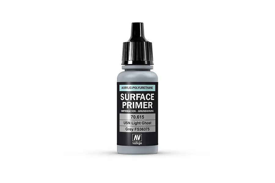 A 17ml bottle of Vallejo Surface Primer in USN Light Ghost Grey, featuring a black dropper cap and a label with product details.