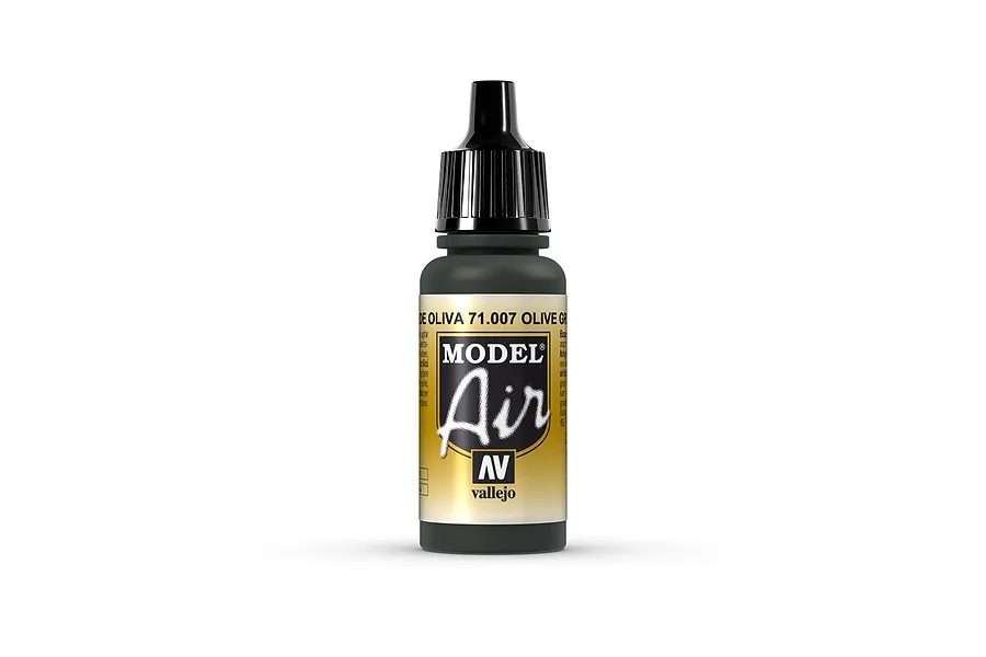 A 17ml bottle of Vallejo Model Air Olive Green acrylic airbrush paint, featuring a black dropper cap and a label with the Model Air logo.