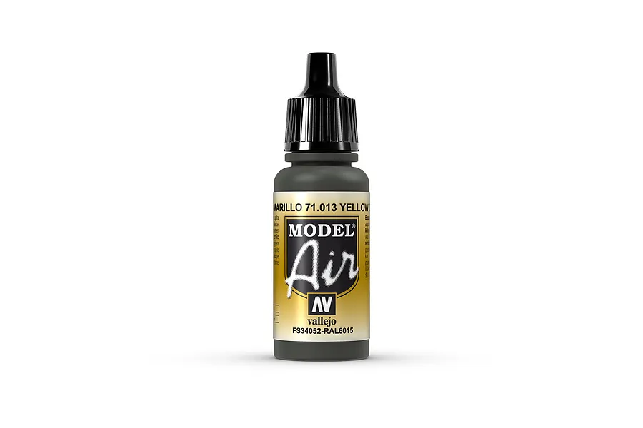 A 17ml bottle of Vallejo Model Air Yellow Olive acrylic airbrush paint, showing the label with product name and code 71.013.