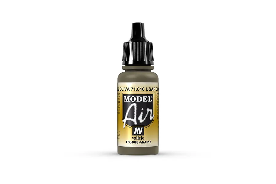 A 17ml bottle of Vallejo Model Air USAF Olive Drab acrylic airbrush paint, showing the label with product details and a black dropper cap.