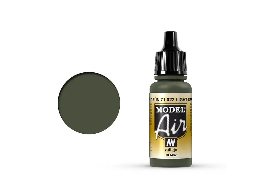 A 17ml bottle of Vallejo Model Air RLM82 Light Green acrylic airbrush paint with a black dropper cap against a white background.